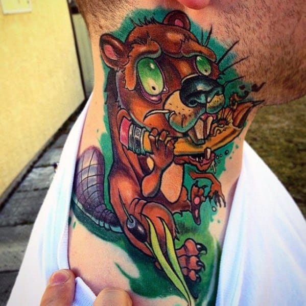 Vibrant cartoon beaver tattoo on the neck with wild eyes, chomping a pencil, set against a bold green splash background.
