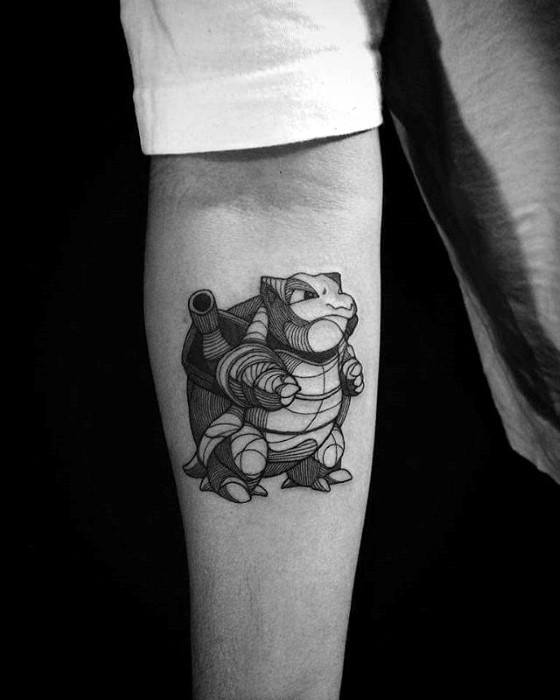 Detailed linework Blastoise tattoo in black ink, featuring clean shading and intricate crosshatching for a bold yet minimalist look.