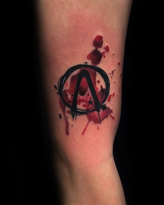 Black Borderlands logo tattoo over a red watercolor-style blood splatter, creating a bold and intense visual effect.