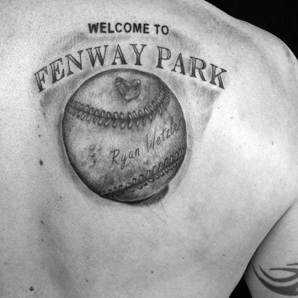 Male Tattoo With Boston Red Sox Design Fenway Park Baseball On Shoulder Blade