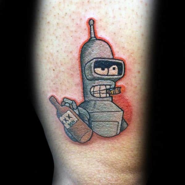 Small tattoo of Bender from Futurama holding a bottle and cigar, with a red glow behind him and his classic mischievous expression.