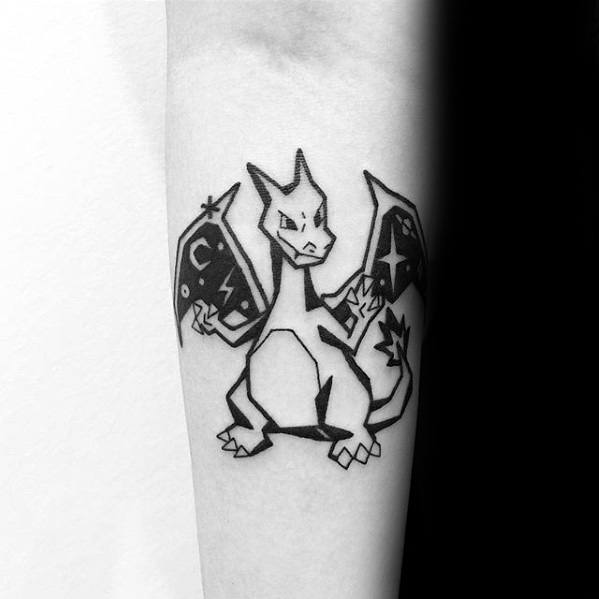 Blackwork Charizard tattoo with bold outlines and starry wings, featuring a geometric and minimalist design on the forearm.