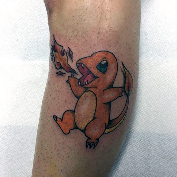 Cartoon-style Charmander tattoo breathing fire with a wide-open mouth, simple black outline, and minimal shading on the calf.