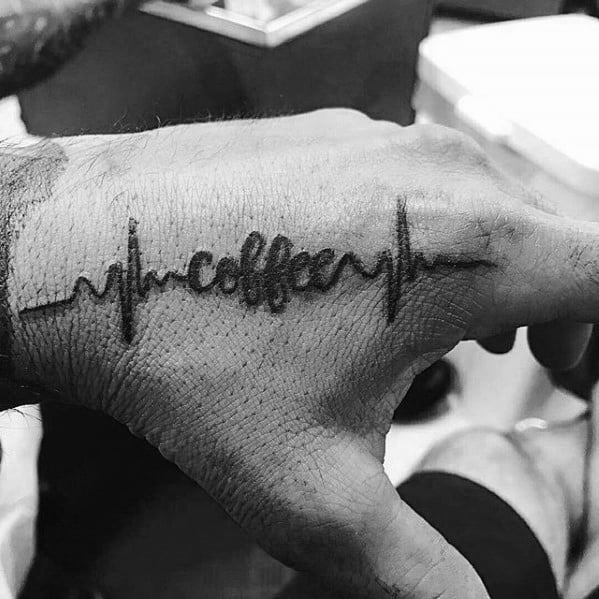 Male Tattoo With Coffee Heartbeat Side Of Hand Design