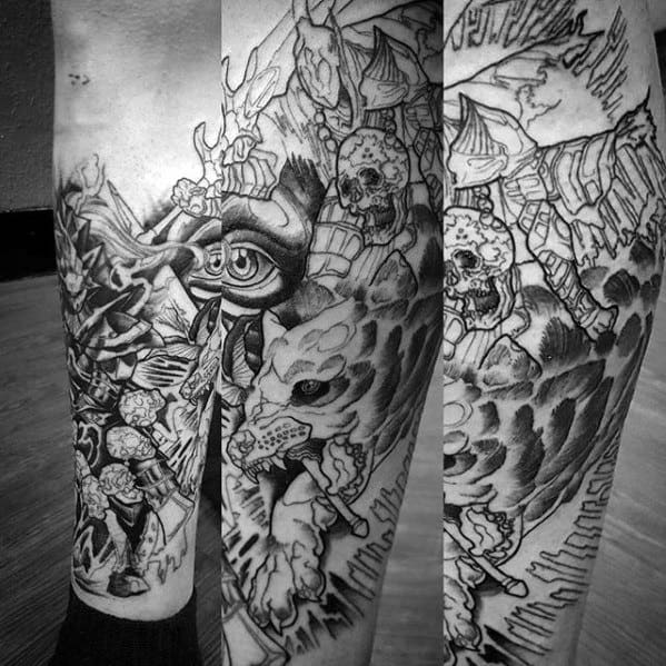 Intricate blackwork Dark Souls tattoo featuring Manus, skulls, and a fierce beast in a chaotic, lore-rich battle scene wrapping the leg.