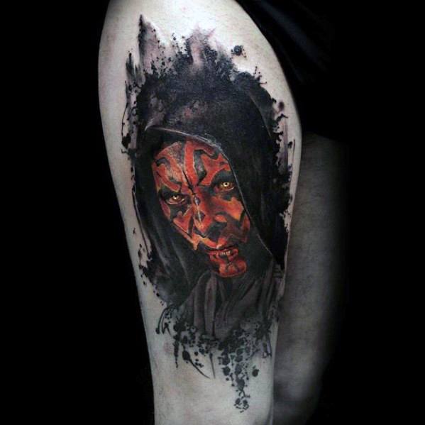 Male Tattoo With Darth Maul Watercolor Design On Thigh