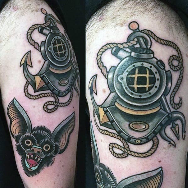 Male Tattoo With Diving Helmet Design On Upper Arm