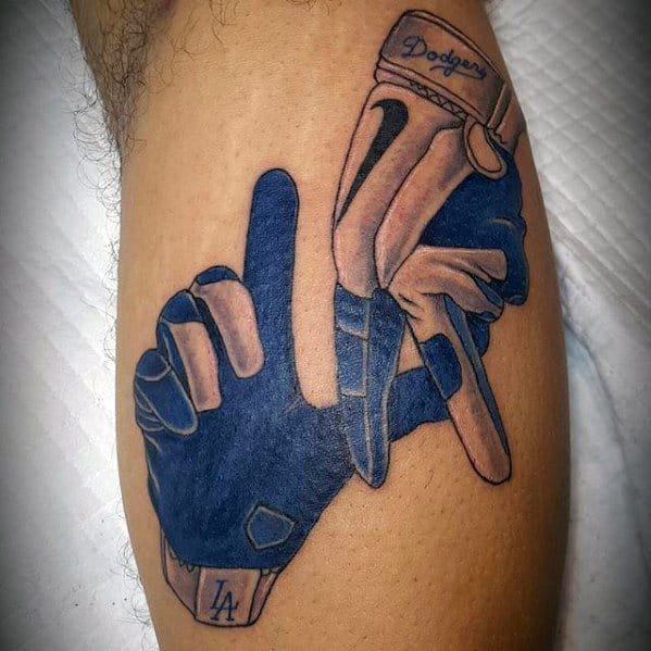 Male Tattoo With Dodgers Design Baseball Gloves On Leg Calf