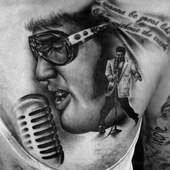 Male Tattoo With Elvis Presley Design On Chest