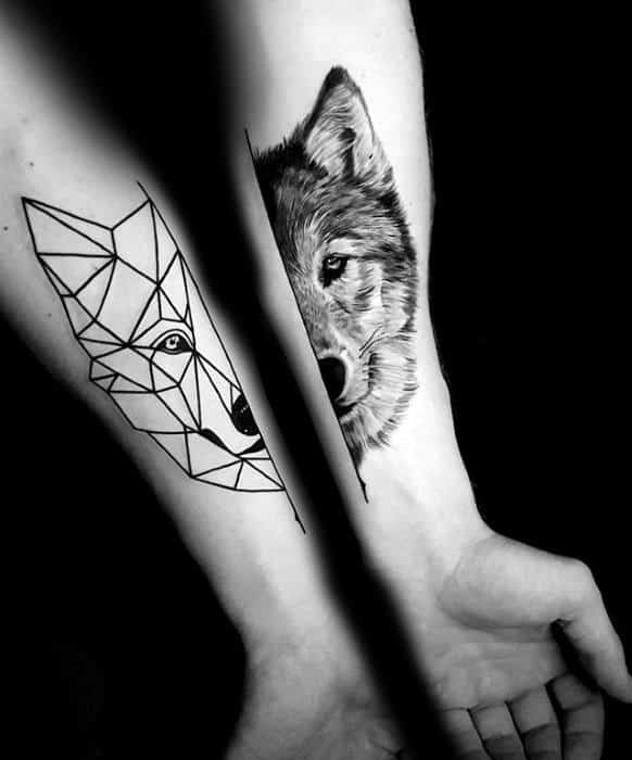 Male Tattoo With Geometric Wolf Inner Forearm Design