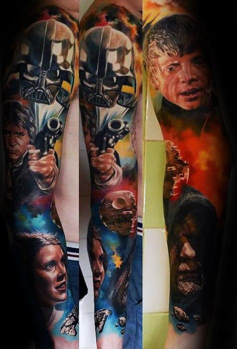 Male Tattoo With Han Solo Design Full Arm Sleeve Star Wars Themed