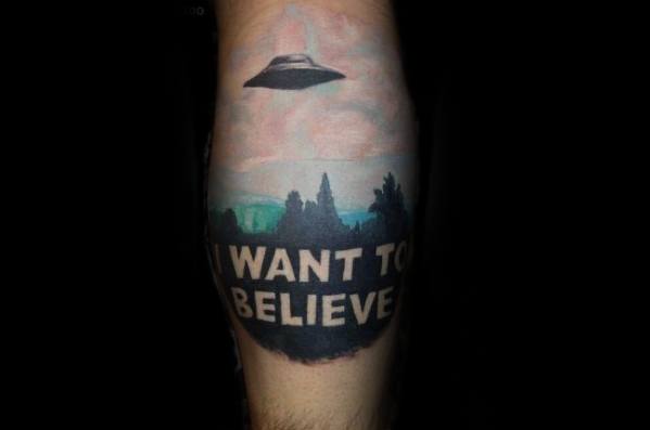 Male Tattoo With I Want To Believe Design Leg Calf