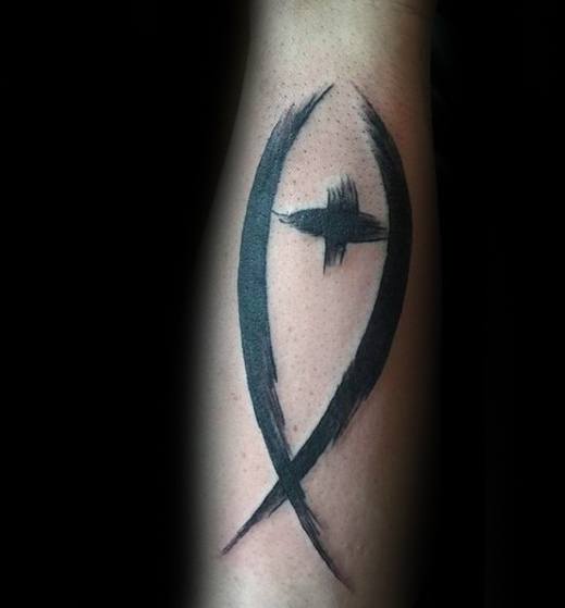 Male Tattoo With Ichthus Design Paint Brush Forearm