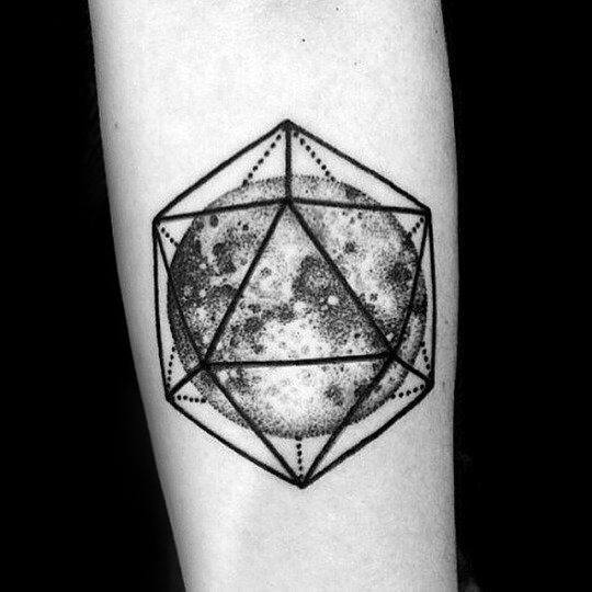 Realistic moon tattoo enclosed in an icosahedron with dotted accents, blending astronomy with geometric linework on the forearm.