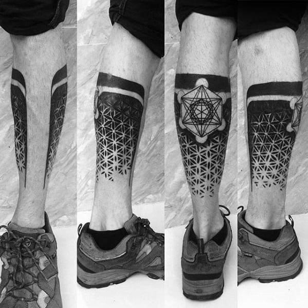 Leg sleeve tattoo with bold black bands, Flower of Life pattern, and Metatron’s Cube at the center of the calf for a striking geometric style.