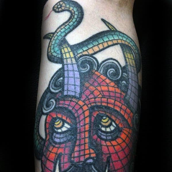 Male Tattoo With Mosaic Devil Snake Leg Design