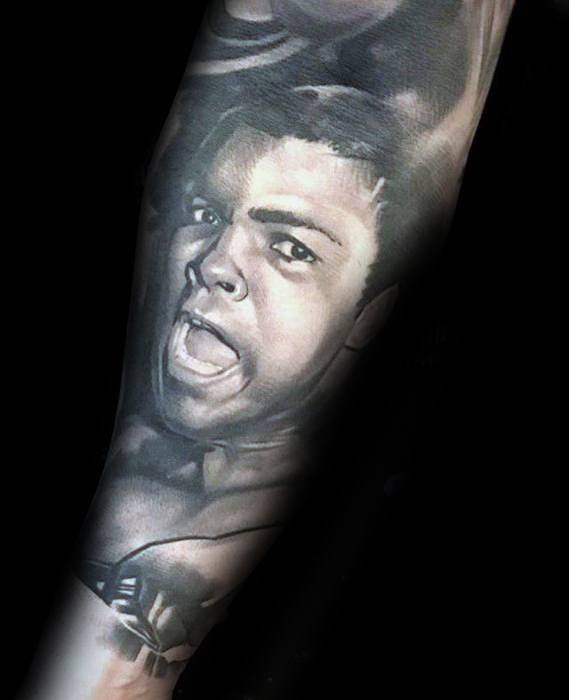 Male Tattoo With Muhammad Ali Design Forearm Sleeve