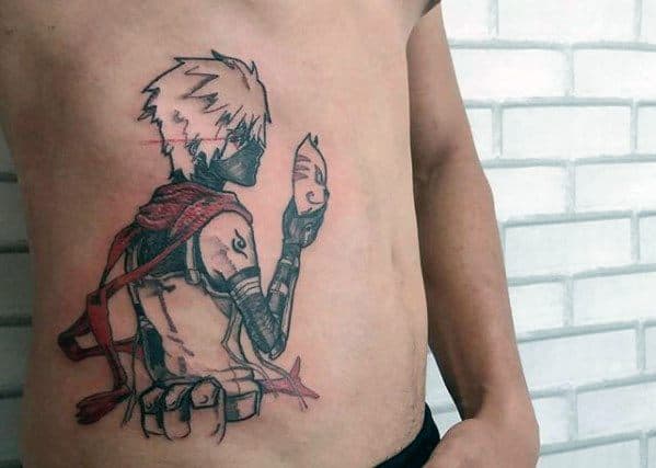 Tattoo of an anime-style character reminiscent of Naruto holding a mask