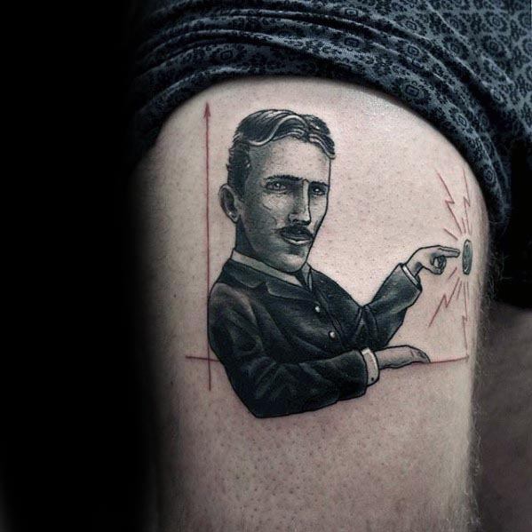 Minimalist Nikola Tesla tattoo showing him seated within graph lines, pointing at a spark of electricity with a focused expression.