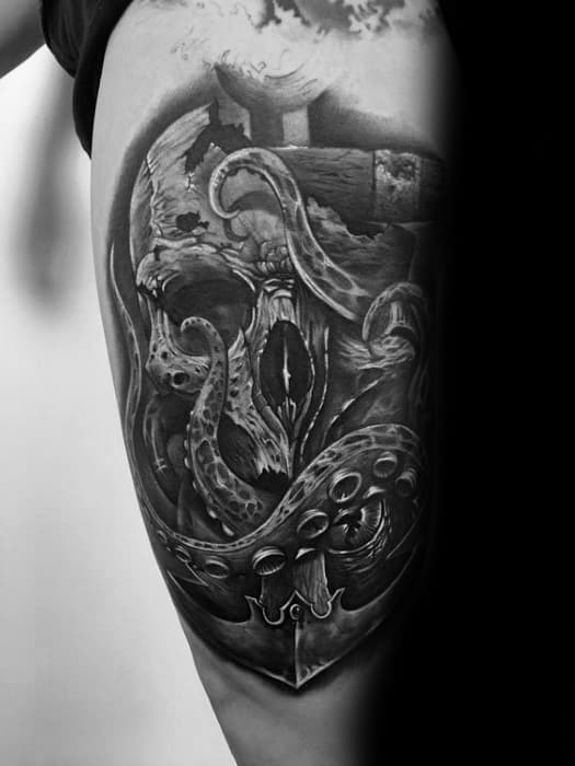 Skull surrounded by octopus tentacles and intricate details, including an anchor, with deep shading and dramatic contrasts, creating a bold design.