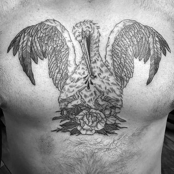 Male Tattoo With Pelican Design On Upper Chest