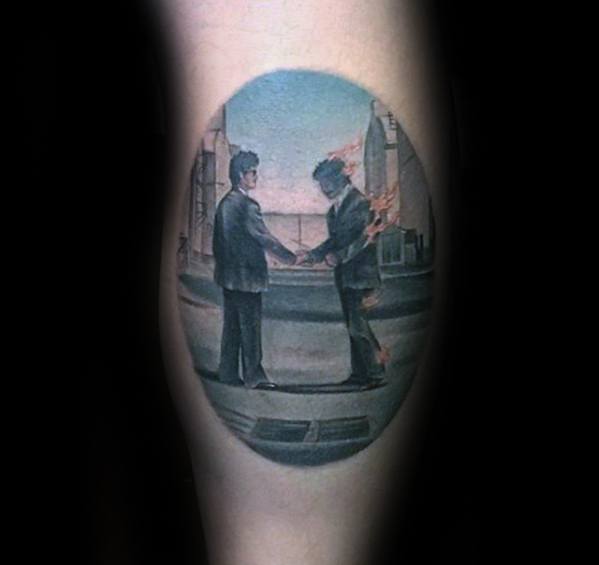 Male Tattoo With Pink Floyd Wish You Were Here Design Leg Calf