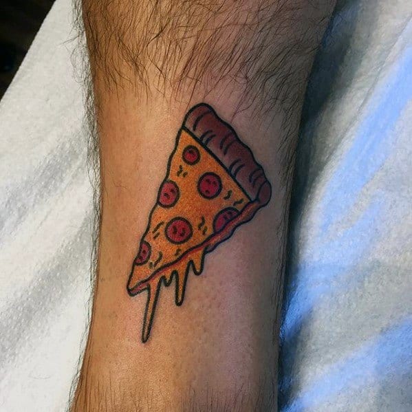 Male Tattoo With Pizza Slice Design On Lower Leg