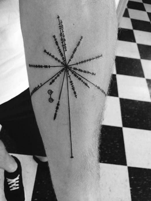 Forearm tattoo of the Pioneer Plaque and Pulsar Map in black ink, featuring an abstract design with lines and symbols