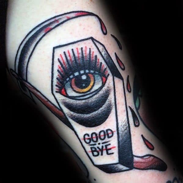 Male Tattoo With Scythe Coffin Goodbye Text Design On Arm