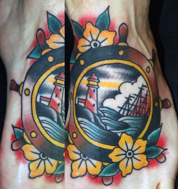Male Tattoo With Sinking Ship Traditional Foot Design