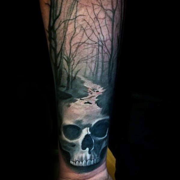 Male Tattoo With Skull Head River Design On Inner Forearm