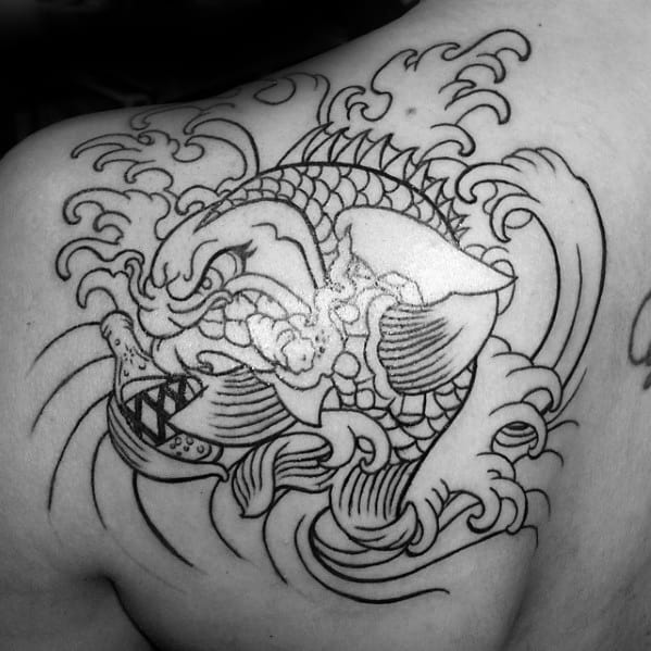 Bold black outline tattoo of a fierce koi fish battling waves, featuring sharp teeth and dynamic Japanese-style water elements.