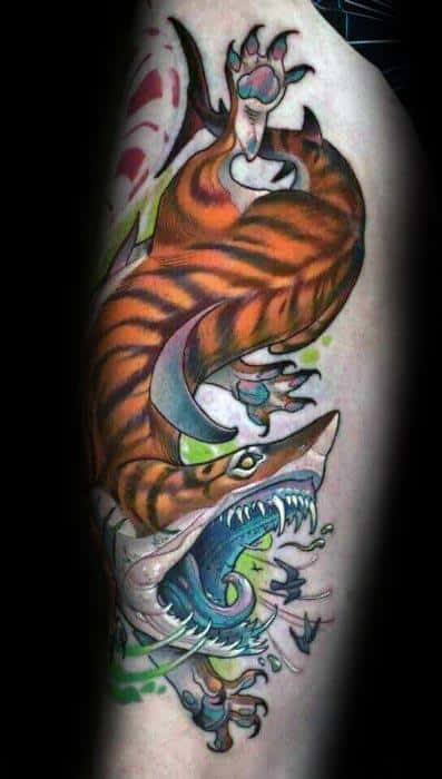 Vibrant tiger shark hybrid tattoo with dynamic motion, fierce claws, and splashing waves in a bold, colorful neo-traditional style.
