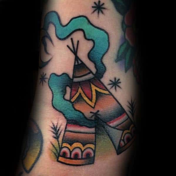 Male Teepee Inner Arm Bicep Traditional Tattoo Ideas