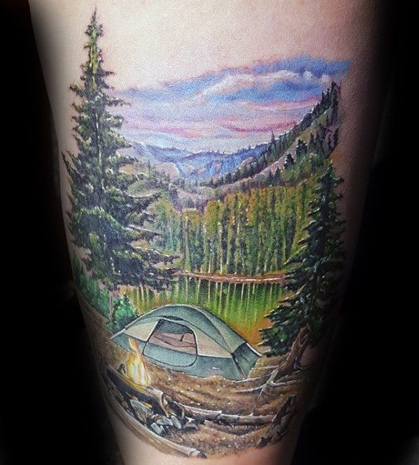 Male Tent Tattoo Design Inspiration On Thigh