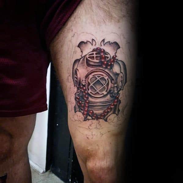 Male Thigh Diving Helmet Tattoo Ideas