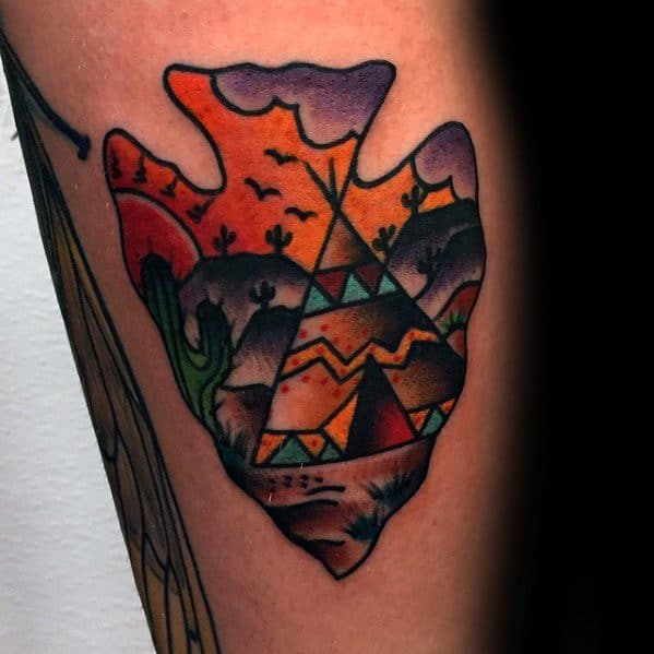 Male Thigh Tattoo With Teepee Arrowhead Design