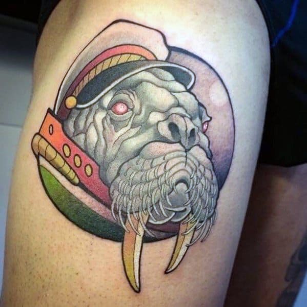 Male Thigh Walrus With Sailor Hat Tattoo Ideas