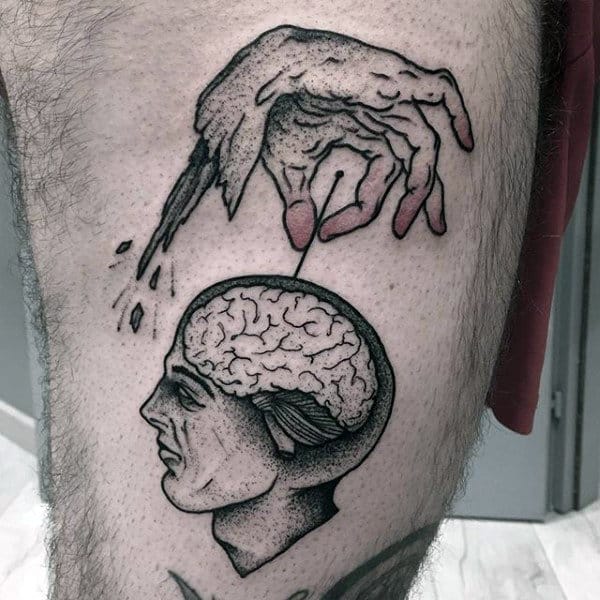 Male Thighs Needle Inside Brain Tattoo