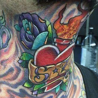 Throat tattoo featuring a vibrant flaming heart with a banner, bold lettering, and a purple rose, designed in a traditional style