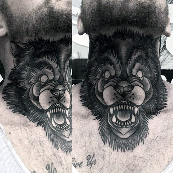 Throat tattoo featuring a fierce black and gray roaring beast with bold shading, intricate fur details, and intense expression