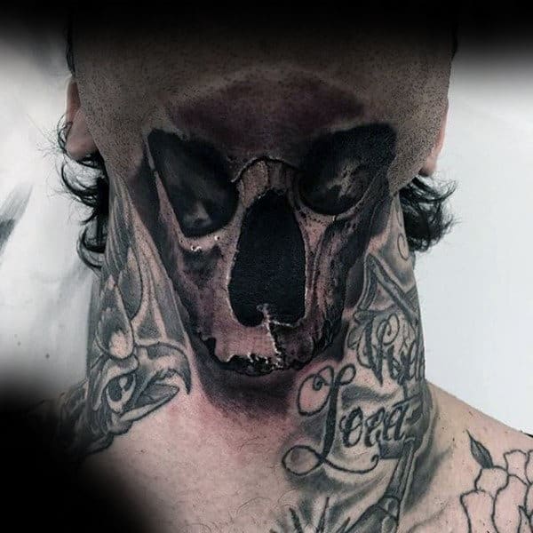 Throat tattoo featuring a hyper-realistic hollow-eyed skull, seamlessly blending into the skin for a striking and eerie illusion effect