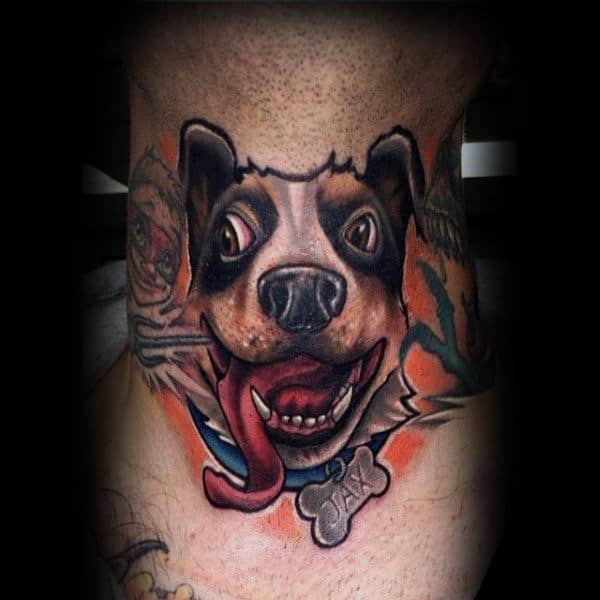 Throat tattoo featuring a playful, wide-eyed dog with exaggerated features, a wagging tongue, and bold colors for a lively design