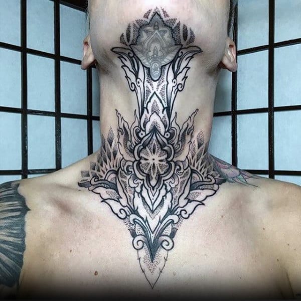 Throat tattoo featuring an intricate black and gray ornamental design with detailed patterns, symmetry, and elegant flourishes