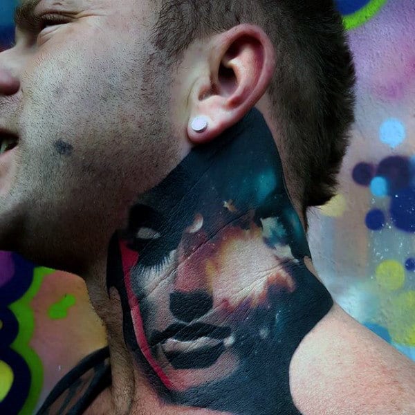 Throat tattoo featuring a surreal portrait with vibrant cosmic colors, bold contrasts, and a striking abstract composition