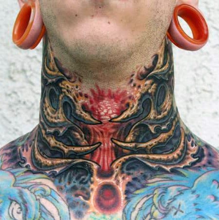 Throat tattoo featuring a biomechanical design with exposed flesh, intricate shading, and a surreal, otherworldly appearance