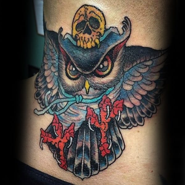 Throat tattoo featuring a fierce owl wearing a pirate hat with a yellow skull, bold colors, and intricate feather details for a striking look