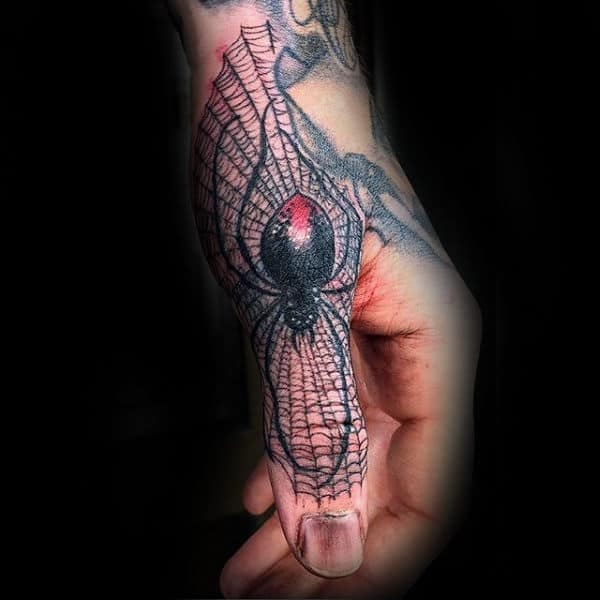 Male Thumb Spider With Web Tattoos