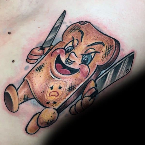 Bold animated toast tattoo with a mischievous face, holding knives in both hands, blending vintage cartoon style with a dark, edgy twist.