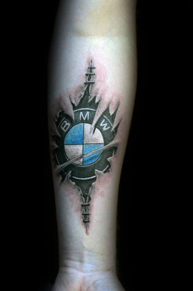 3D BMW logo tattoo on forearm with a torn skin effect, creating a bold and realistic automotive-inspired design.